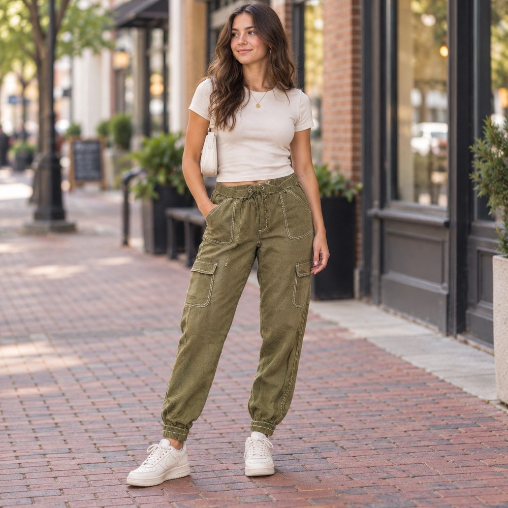 Nicole Miller Olive Linen Cargo Jogger Pants Contrast Stitch Medium